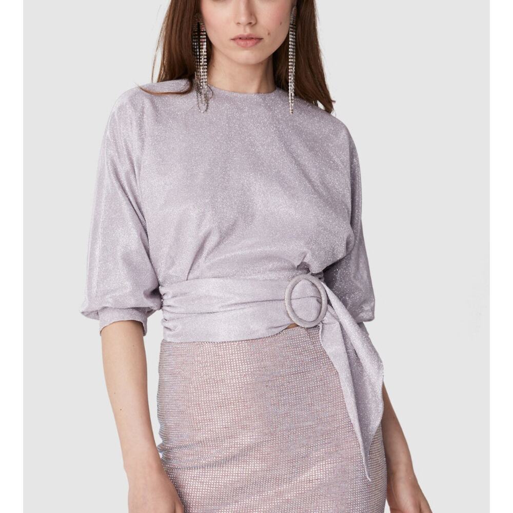 Atoir Lavender Sparkle High Neck Tie Waist Balloon Sleeve Blouse 4